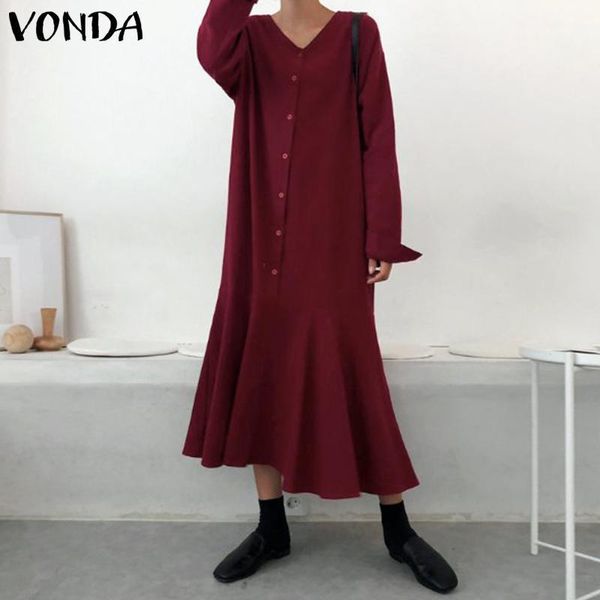

vonda women maxi dress casual v neck full sleeve button ruffle swings long dresses autumn party bohemian vestidos plus size1, Black;gray