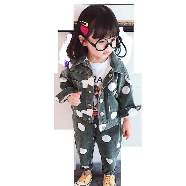 

kids clothes dot jacket + jeans girls clothing set turn down collar denim suit for baby girl autumn novelty kids suit for girls lj200916, White