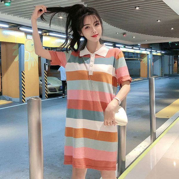 

stripe summer rainbow women's t-shirt new loose thin sweet little fresh dress, Black;gray