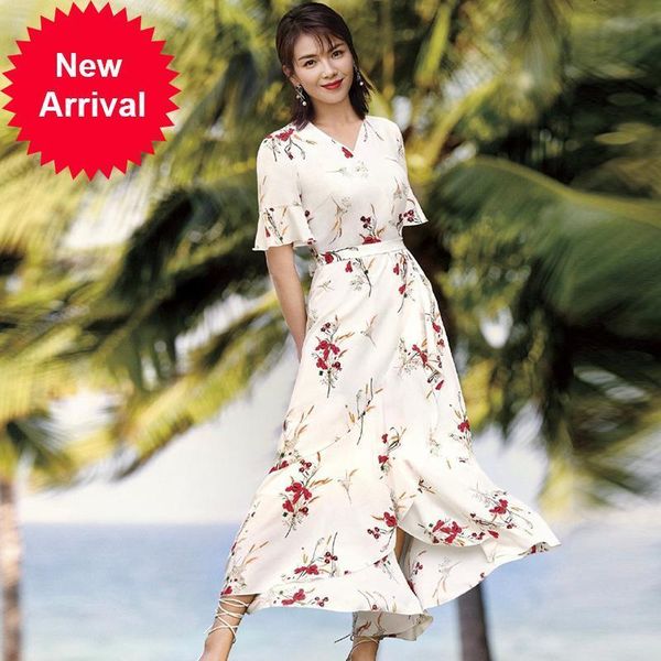 

new boho 2021 chiffion beach women dressed as luxury party summer new stiff v-neck frilly bandage dress long clothes ra74, Black;gray