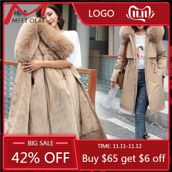 

2020 winter women's cotton parkas mid-length large fur collar plus velvet coat female down thick warm jacket, Black