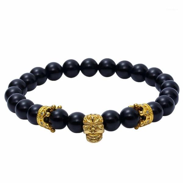 

charm bracelets skull bracelet men 8mm natural black matte onyx stone cz beaded imperial crown atolyestone jewelry pulseira masculina1, Golden;silver
