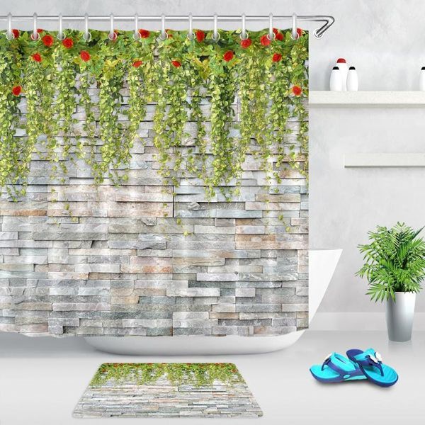 

shower curtains green vine plant rose stone wall bathroom curtain polyester fabric with 12 hooks waterproof bath door mat1