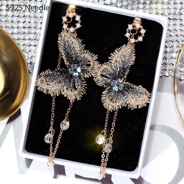 

925 sterling silver needle long dangle earrings for women jewelry butterfly female drop tassel earrings bijoux1