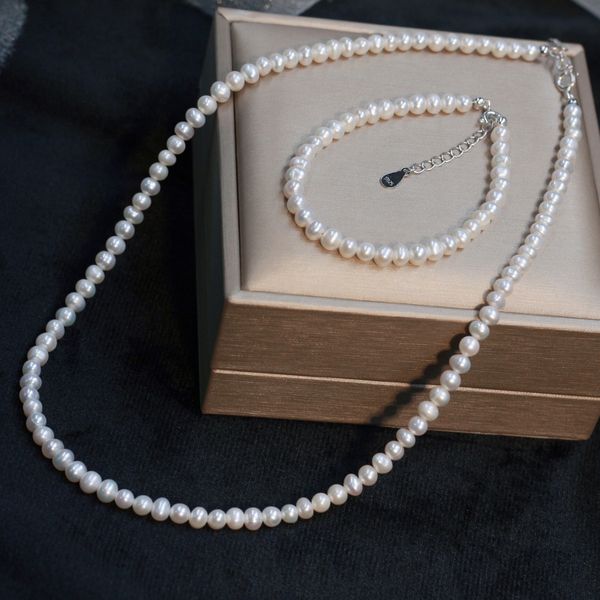 

fhfui and 925 sterling silver braceletsimple design simple pearl fashion natural mother's day natural baroque bracelet necklaceversatil, Golden;silver