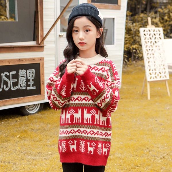 

girls' christmas sweater 2020 new autumn winter cloth thickened middle and big children's korean edition foreign sle knitted, Blue
