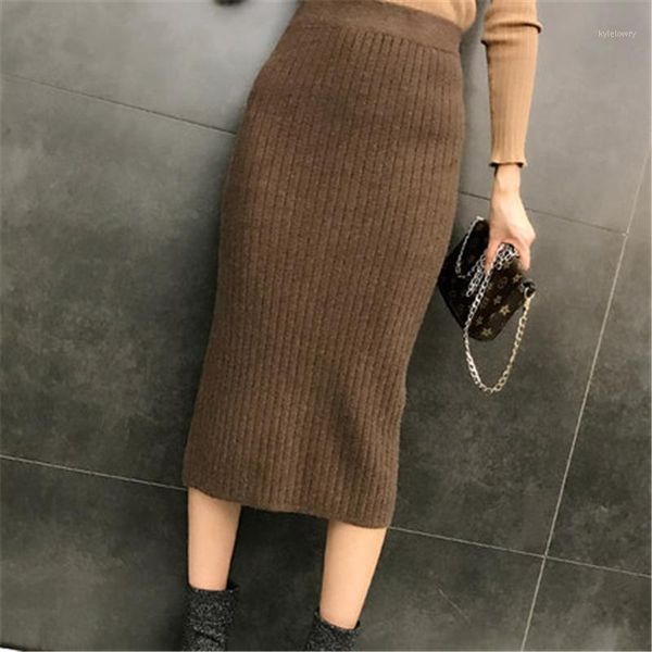 

new autumn winter women skirt plus size pencil skirt women knitted high waist midi skirts womens vintage knit t5911, Black