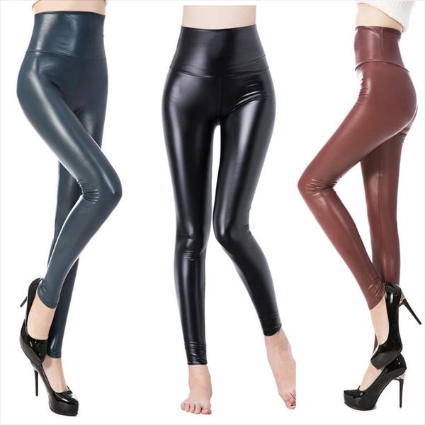 

high waist pu leather leggings skinny black leather matt black leggins ankle length stretchy pants for women