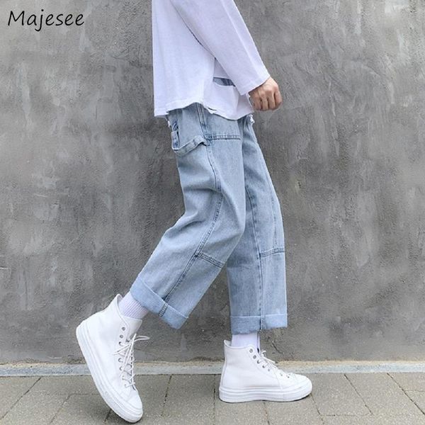 

men's jeans men big pocket solid straight trendy males korean style loose leisure punk chic all-match denim trousers cowboy fashion, Blue