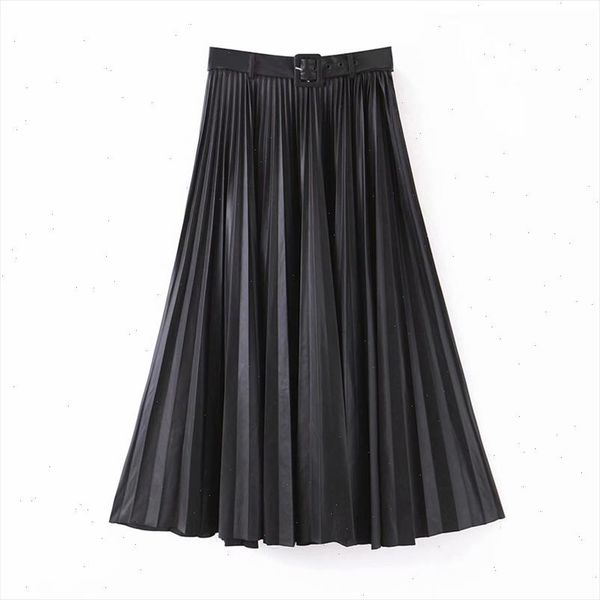 

stylish chic pu leather pleated skirt sashes design side zipper basic female casual stylish mid calf skirts mujer, Black