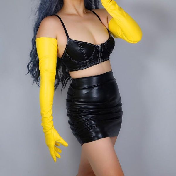 

women' runway fashion bright yellow pu leather glove lady' club performance party leather long slim glove 70cm r3253, Blue;gray