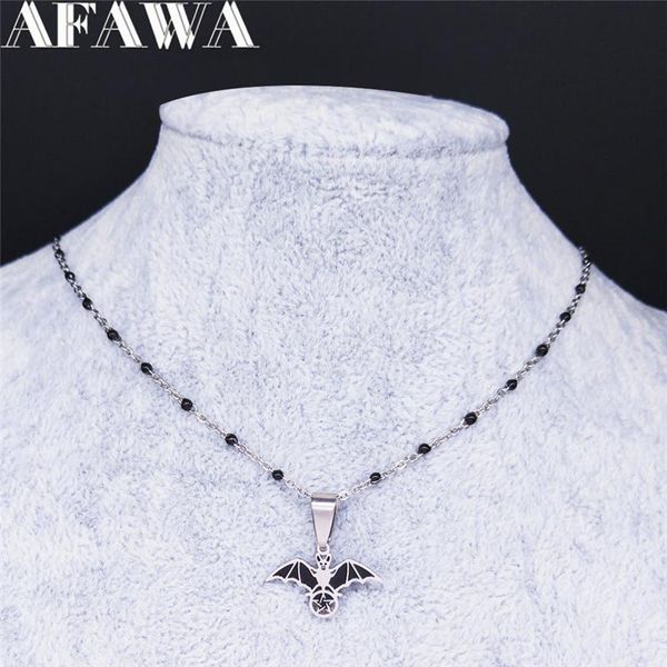

afawa witchcraft enamel stainless steel statement necklace black color pentagram bat necklaces jewelry gargantilla n3732s02, Silver