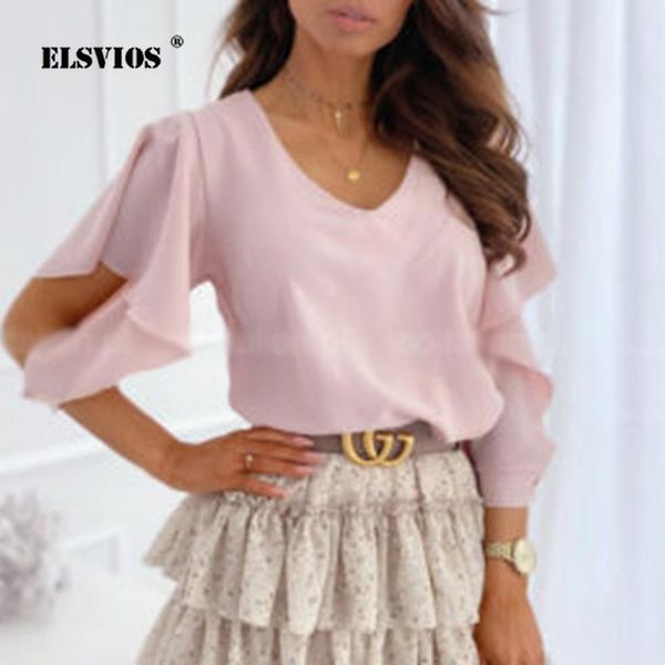 

spring summer shirt women v-neck butterfly sleeve chiffon blouse 2021 casual back metal buttoned women and blouses 2xl, White