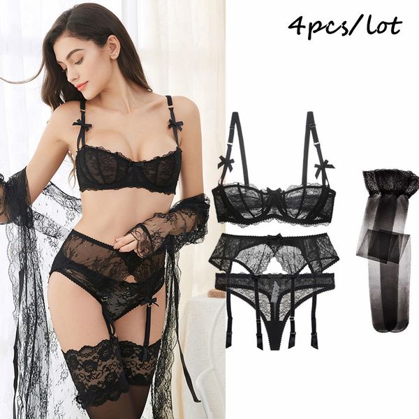 

luxury half cup lace transparent ultra-thin solid lolita style 4 pieces/lots bra set and garter and stocking y200708, Red;black