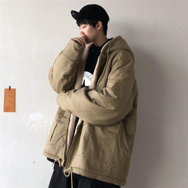 

winter lamb fur jacket men's parka warm fashion casual hooded coat men streetwear loose cotton thick short coat mens clothes, Black