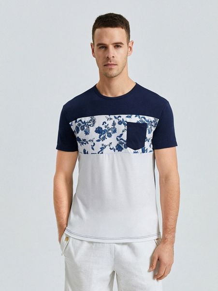 

men floral print color block patched pocket tee q1rj#, White;black