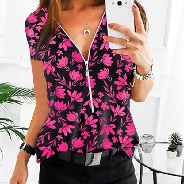 

butterfly floral women blouses summer plus size printed zipper v neck short sleeve shirt ladies casual blouse frauen blusen1, White