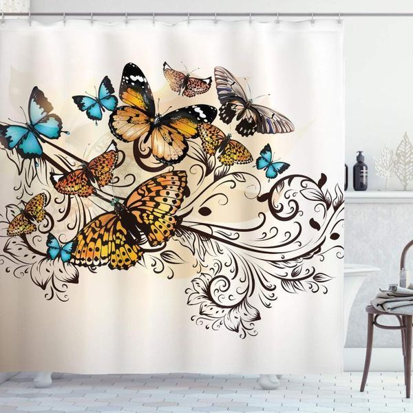 

butterfly shower curtain monarch butterflies vintage damask inspired design bathroom decor set with hooks 75" long turquoise1