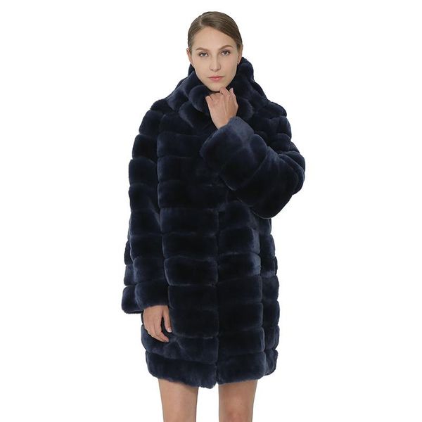 

women's fur & faux real coat women winter rex jacket hooded coats thick warm fashion female natural overcoat vintage 2021, Black