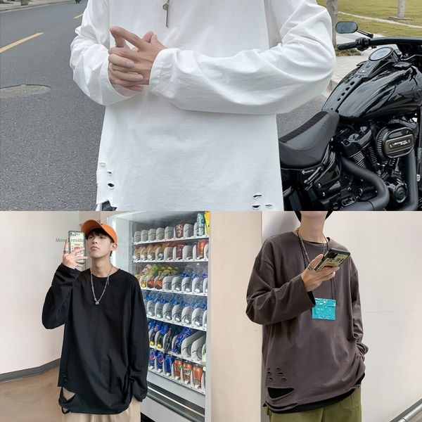 

6gjbf 20 solid tcolor casual perforated crew neck personalized long t-shirt sleeve korean fashion fashion shirt youth bottoming literary tbk, Blue