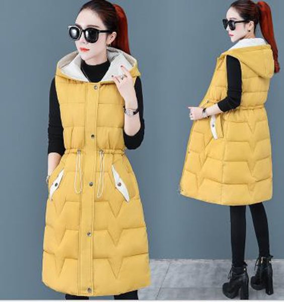 

wholesale fashion new women's hit color mid-length sleeveless hooded cotton vest, Black;white