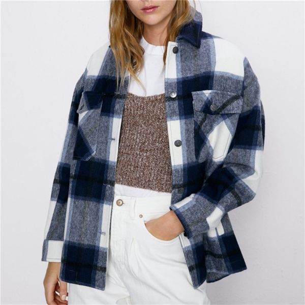 

stylish pockets oversized plaid jacket coat turn-down collar long sleeve loose outerwear autumn chic jackets 201210, Black;brown