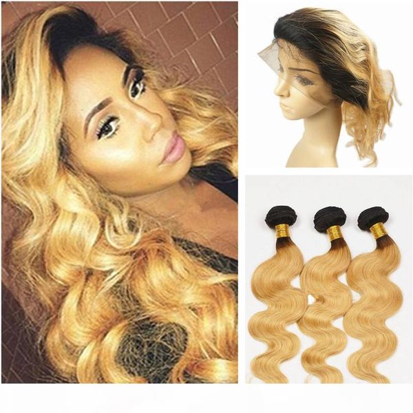 

ombre 360 lace frontal with bundles two tone human virgin brazilian hair with 360 full lace band frontal #1b 27 honey blonde bundles, Black;brown