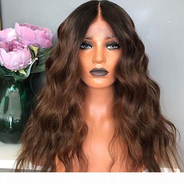 

13x4 lace part wig ombre brown water wave brazilian human hair wig large cap size middle part wig for black women with baby hair, Black;brown