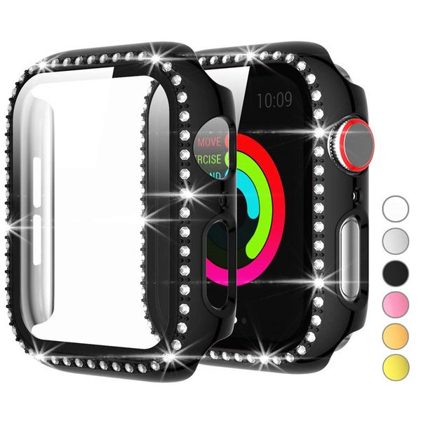 Vetro + copertura per custodie Apple iwatch 44mm 40mm 42mm 38mm 41mm 45mm protezione per lo schermo paraurti Apple watch band serie SE 7 6 5 4 3 accessori coperture per custodie con diamanti