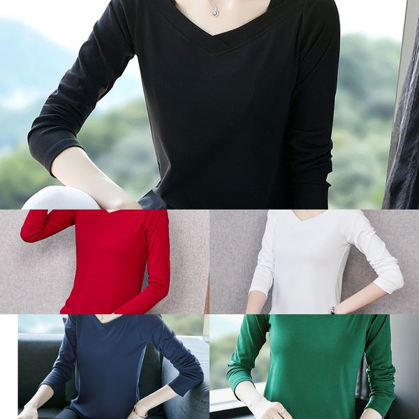 

spring and autumn 2020 new simple and versatile v-neck t- shirtwomen's t-shirt fashion solid color xiusheng show thin bottoming shirt l, White