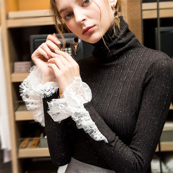 

lace patchwork sweater women slim turtleneck flare sleeve sweater pullover knitting autumn winter jumper plus size c91194 201222, White;black
