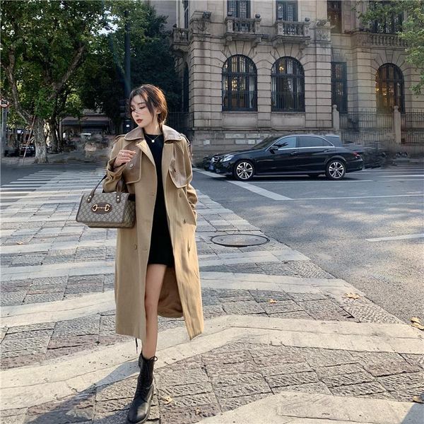 

women's trench coats retro vintage 2021 spring double-breasted coat outerwear large size women"s a425, Tan;black