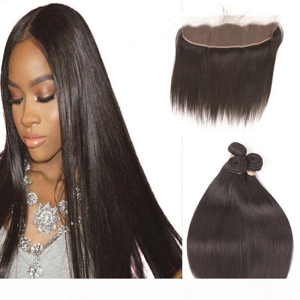 

leila 3 bundle with frontal malaysian straight hair weave remy human hair bundle and 13x 4 lace frontal closure with bundles, Black;brown