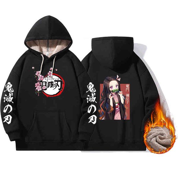 

demon slayer anime harajuku hoodies women lamb cashmere hooded sweatshirts kimetsu no yaiba mugen train sweatshirt clothe, Black;white