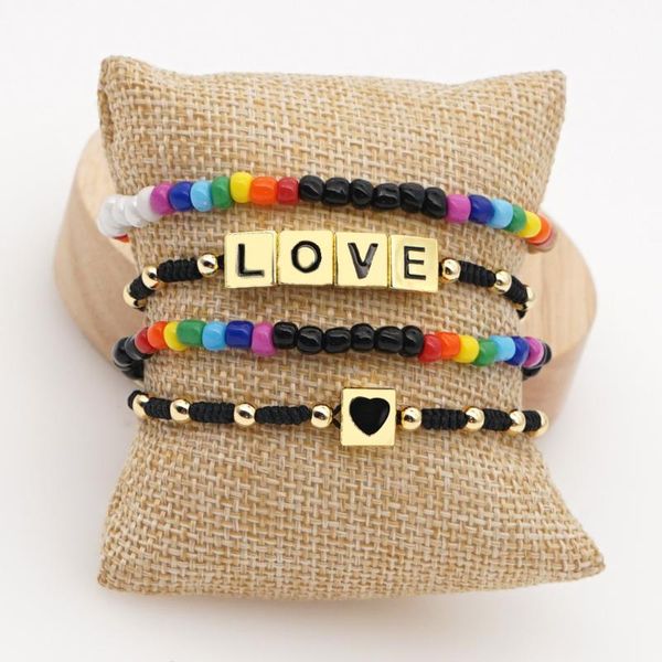 

beaded, strands shinus adjustable jewelry rainbow bead bracelets love heart letter beads handmade braided beaded chain bracelet for women gi, Black