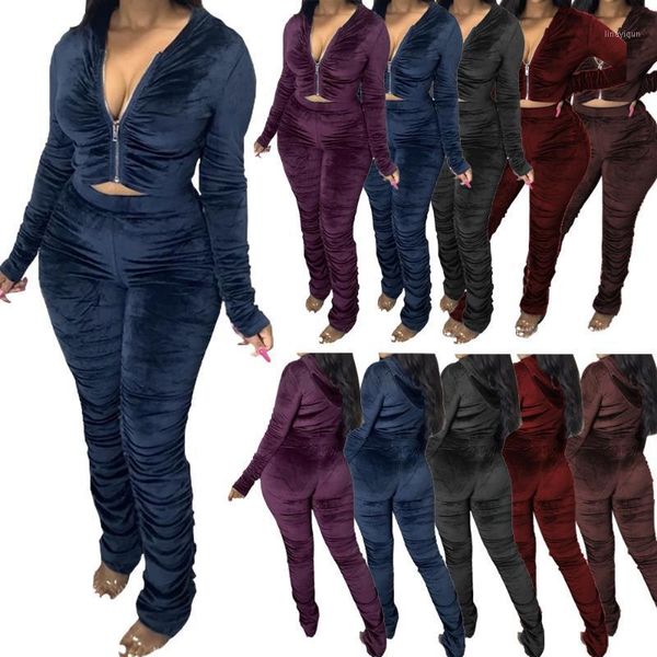 

autumn winter women outdoor casual sports solid velvet two piece set and pants tracksuit sweatsuit outfits cq0681, Gray