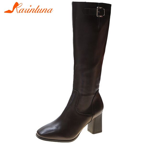 

boots karin dropship large size 35-40 square toe solid autumn knee high buckle straps suqare thick heels, Black