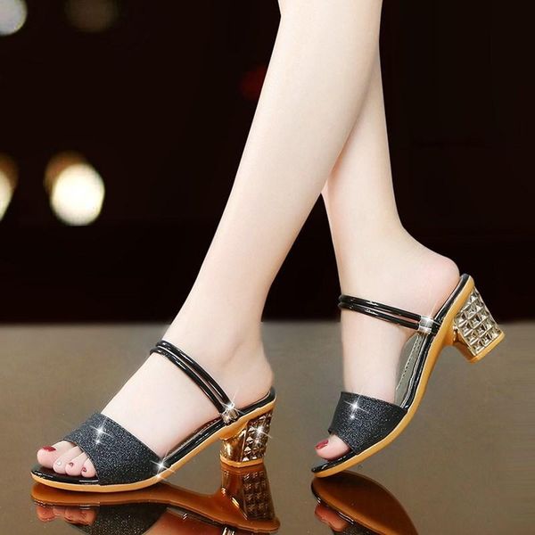

sandals women's summer fashion middle heels mother sandals high heels women wear thick, Black