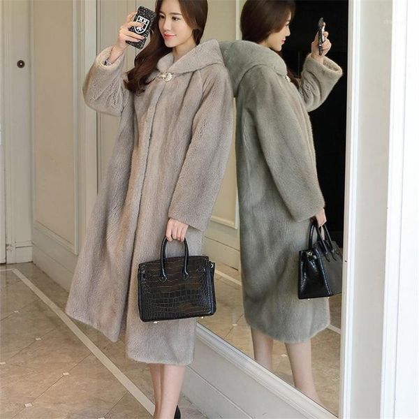 

mid-length coat female 2020 winter fashion new imitation mink whole mink hooded warm fur coat tide h0010021, Black