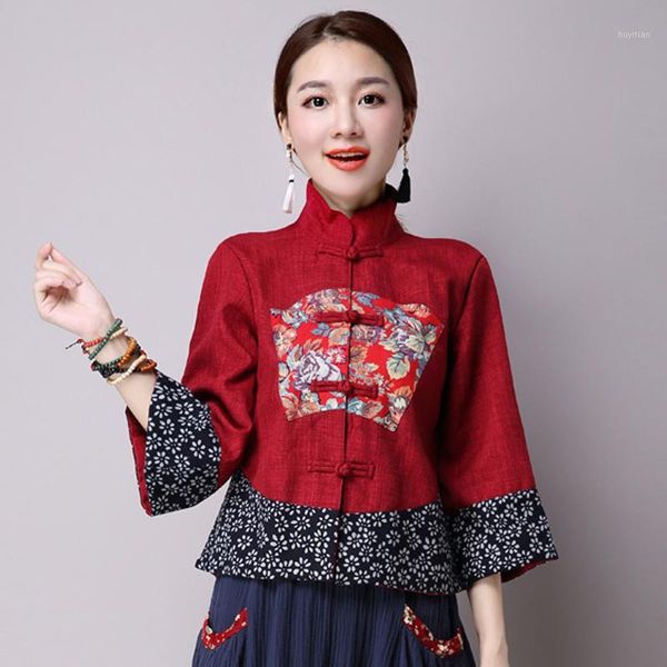 

spring autumn women's retro chinese style stitching loose improved tang suit coat cotton linen women cheongsam 1, Red