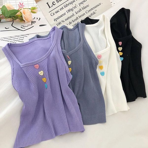

love button round neck harajuku sleeveless knitted vest casual women 2020 all-match korean short t-shirt female dropshipping, White