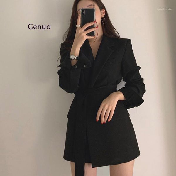 

2020 office lady tailored coat women elegant black beige blazer jacket long outwear sashes autumn new fashion blazers1, White;black