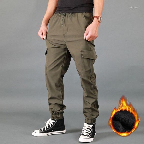 

men's pants 12.12 men winter thick fleece joggers multi pocket loose sport trousers male casual warm sweatpants cargo pant1, Black