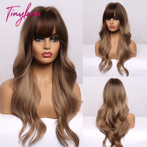 

tiny lana long ombre black brown synthetic wigs with bangs natural wave hairstyle for women cosplay party heat resista wmtqfm