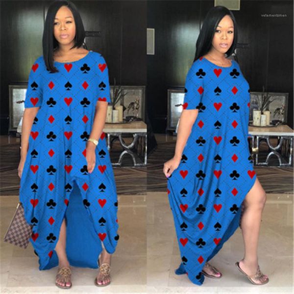 

female short sleeve dress women poker print loose dress fashion occident trend round neck casual split long skirt designer new, Black;gray