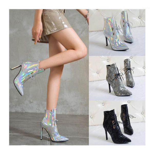 

boots autumn and winter european american fine-heeled super high-heeled pointed toe lace-up fashionable golden female short boots1, Black
