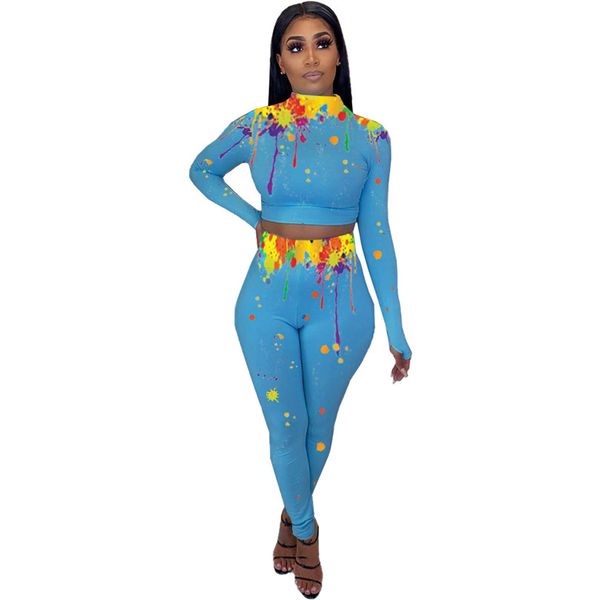 

women tracksuit shaping high collar long sleeve crop pants leggings color splash ink yoga two piece outfit sports suit sell e92803, White