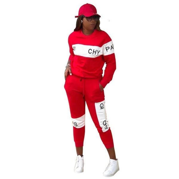 

sport wear casual women suit red white letter print femme o neck long sleeve pullover and slim pocket trousers tracksuit, Gray