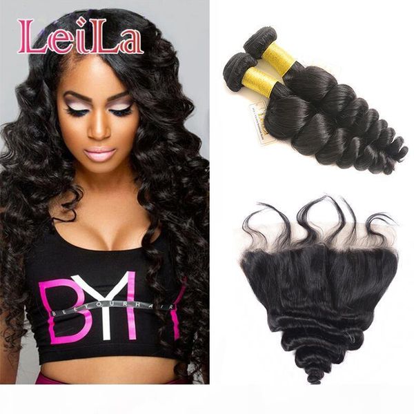 

indian human hair bundles with 13 x 4 lace frontal loose wave baby hair virgin hair extensions natural color beauty, Black;brown