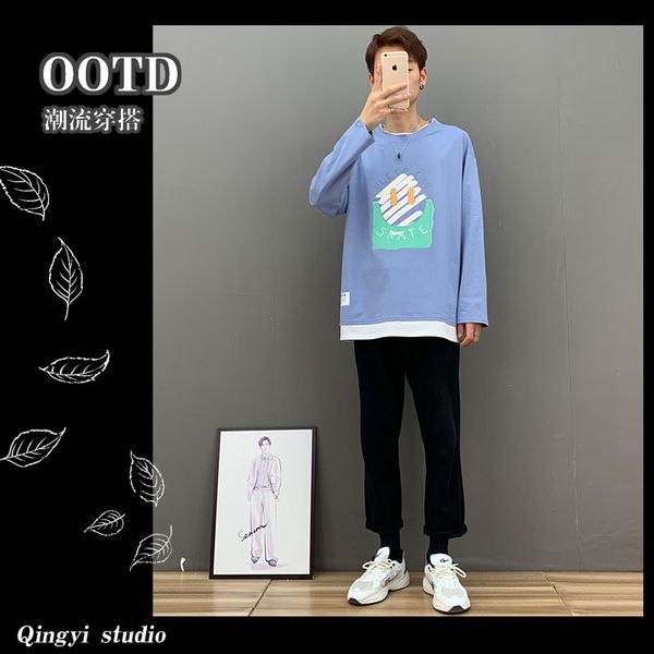 

fall 2020 new fake two piece long sleeve korean loose ins trend versatile t-shirt
